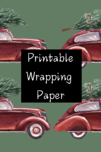 Printable wrapping paper vintage red car with Christmas tree on top with green background.